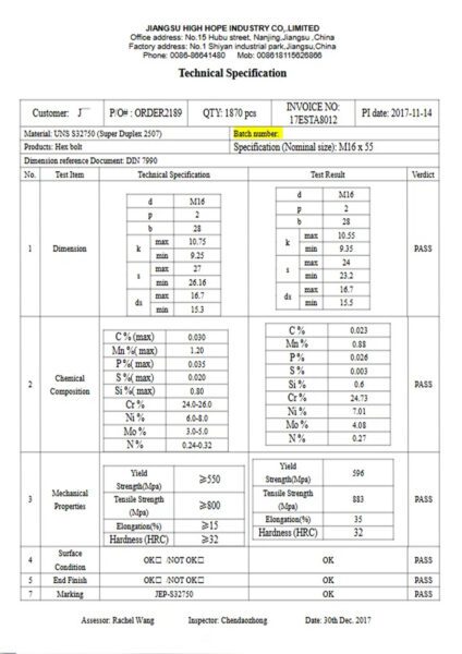 Sample EN 10204 3.1 material test report for super duplex S32750 fasteners proving PREN over 42
